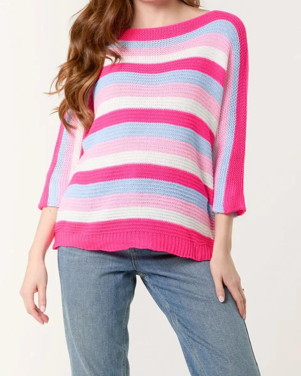 Felicity Striped 3/4 Sleeve Jumper FUCHSIA