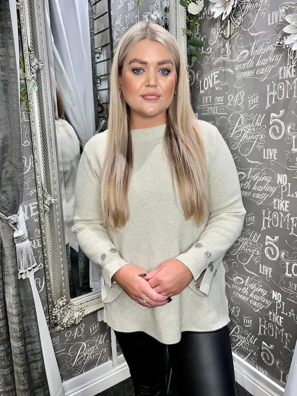 Flora Diamante Flower Sleeve Jumper BEIGE