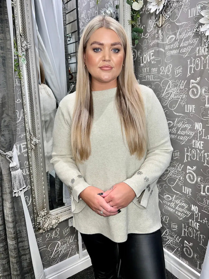 Flora Diamante Flower Sleeve Jumper BEIGE