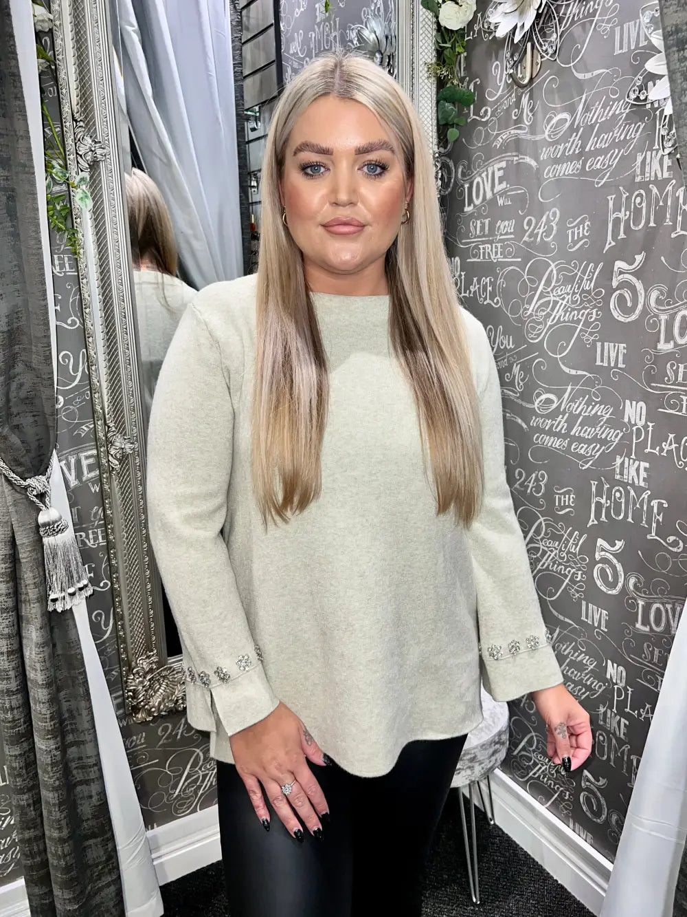 Flora Diamante Flower Sleeve Jumper BEIGE