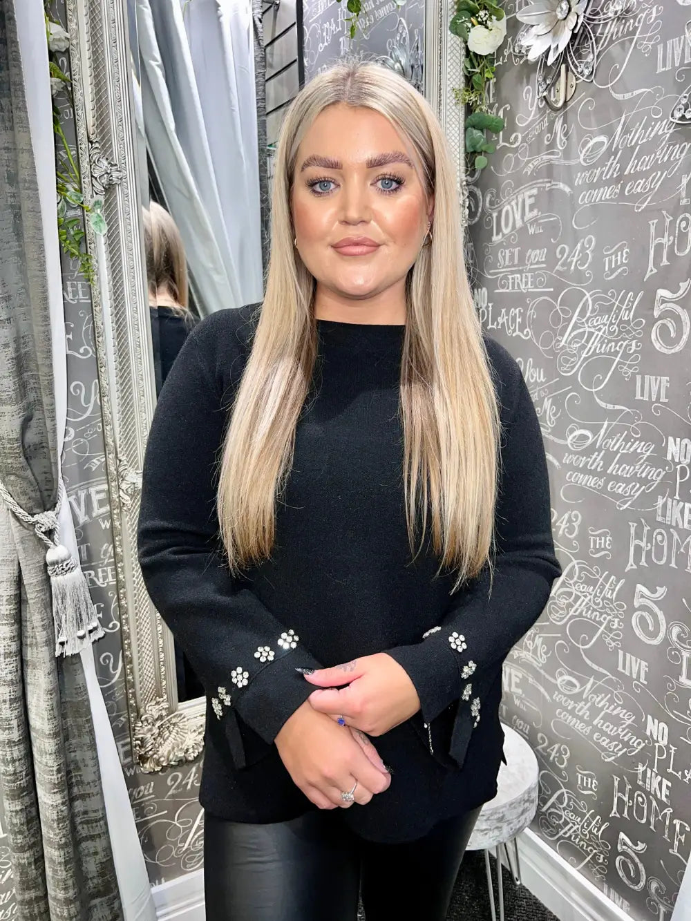 Flora Diamante Flower Sleeve Jumper BLACK