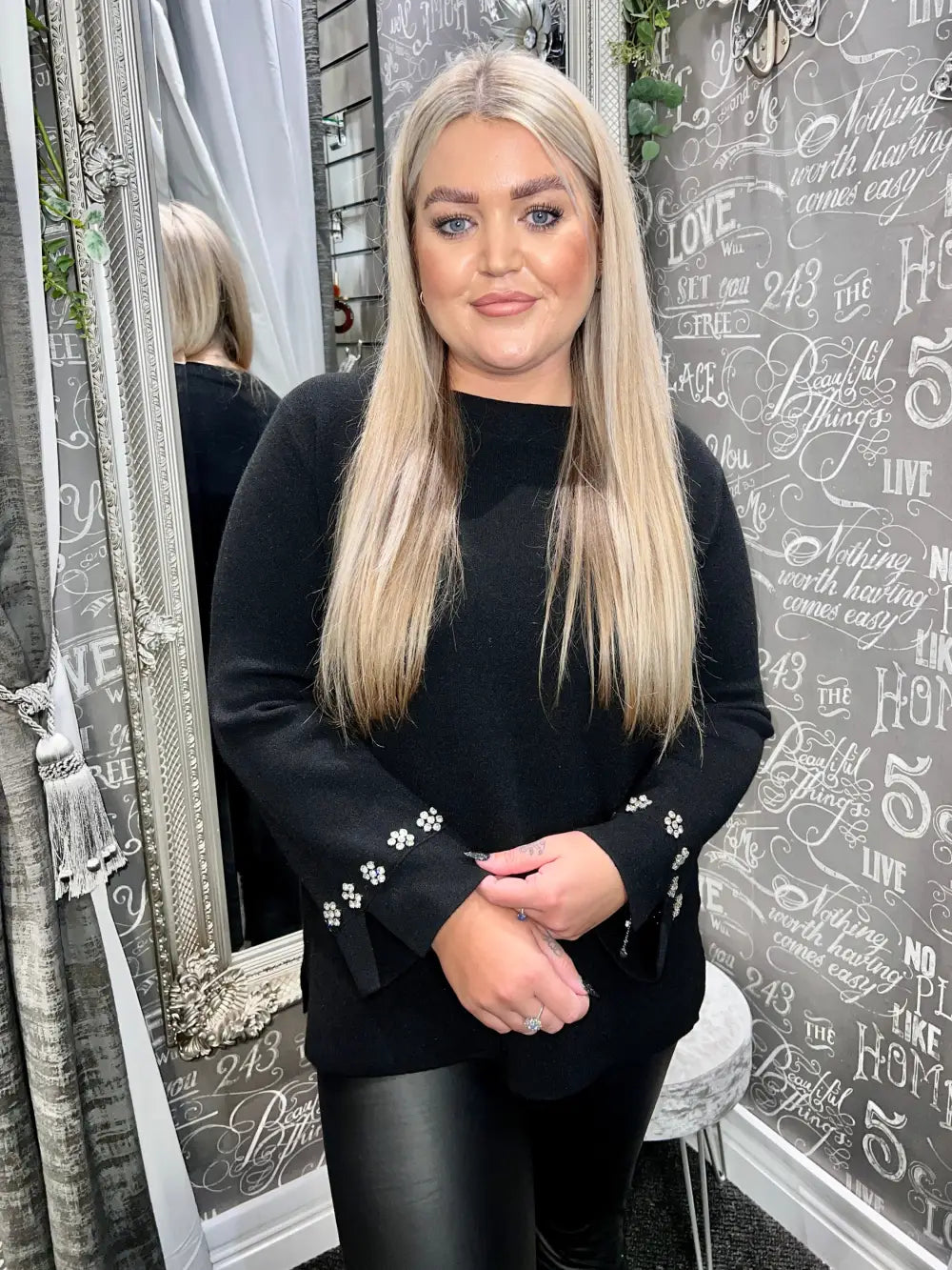 Flora Diamante Flower Sleeve Jumper BLACK