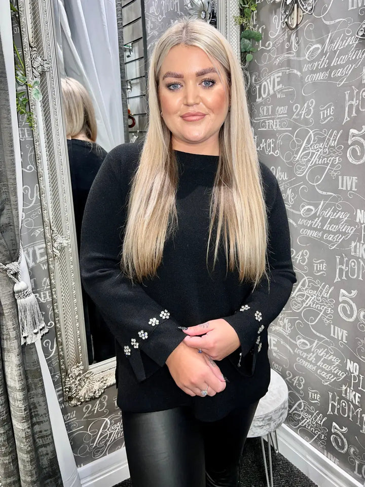Flora Diamante Flower Sleeve Jumper BLACK