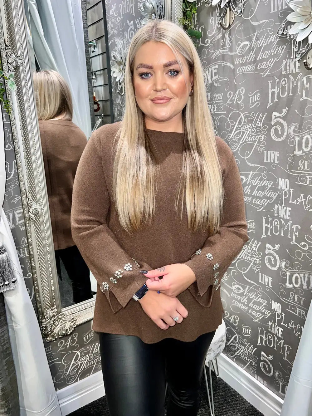 Flora Diamante Flower Sleeve Jumper CHOCOLATE