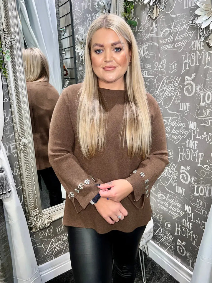 Flora Diamante Flower Sleeve Jumper CHOCOLATE