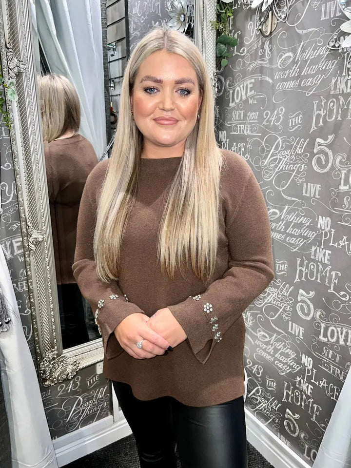 Flora Diamante Flower Sleeve Jumper CHOCOLATE