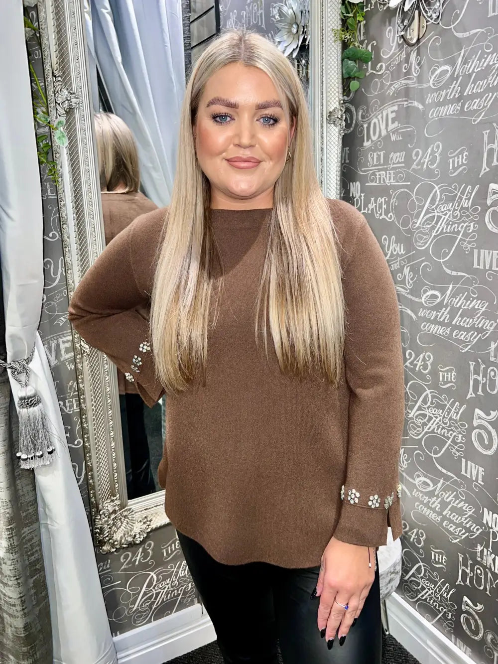 Flora Diamante Flower Sleeve Jumper CHOCOLATE