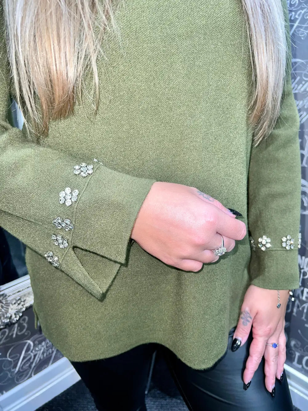 Flora Diamante Flower Sleeve Jumper KHAKI