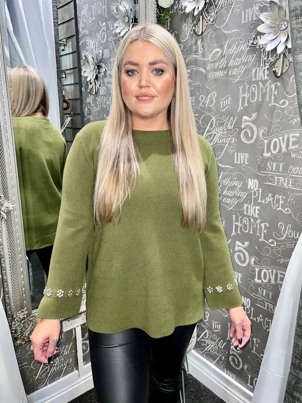 Flora Diamante Flower Sleeve Jumper KHAKI