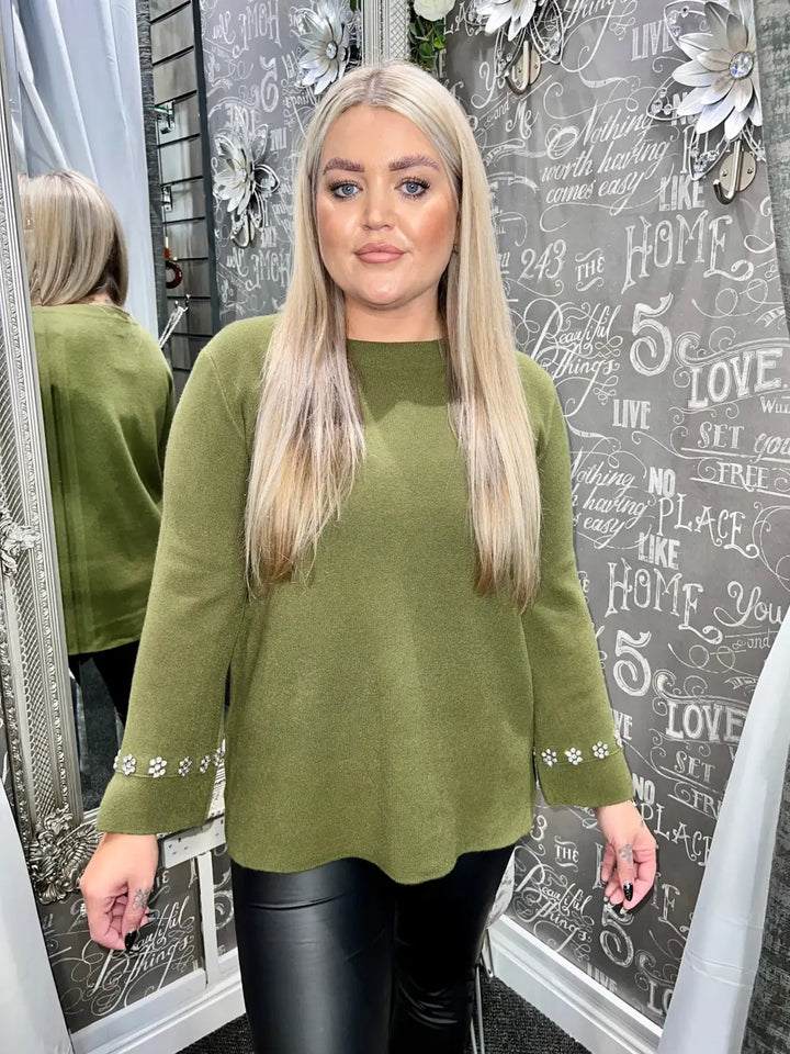 Flora Diamante Flower Sleeve Jumper KHAKI