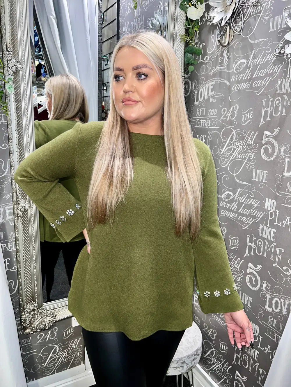 Flora Diamante Flower Sleeve Jumper KHAKI