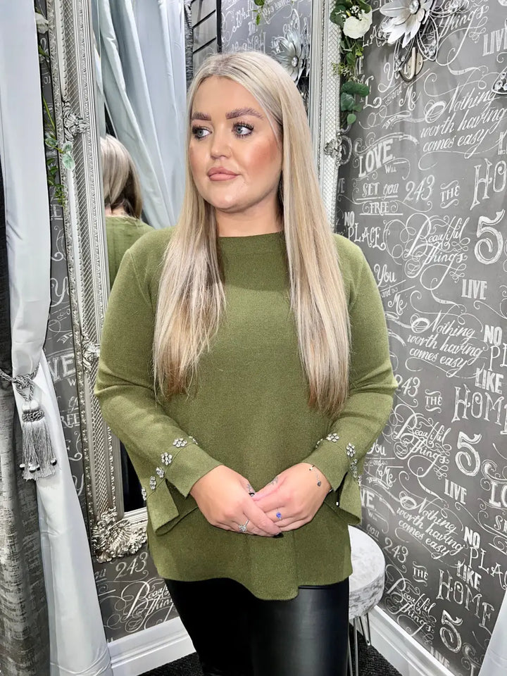 Flora Diamante Flower Sleeve Jumper KHAKI