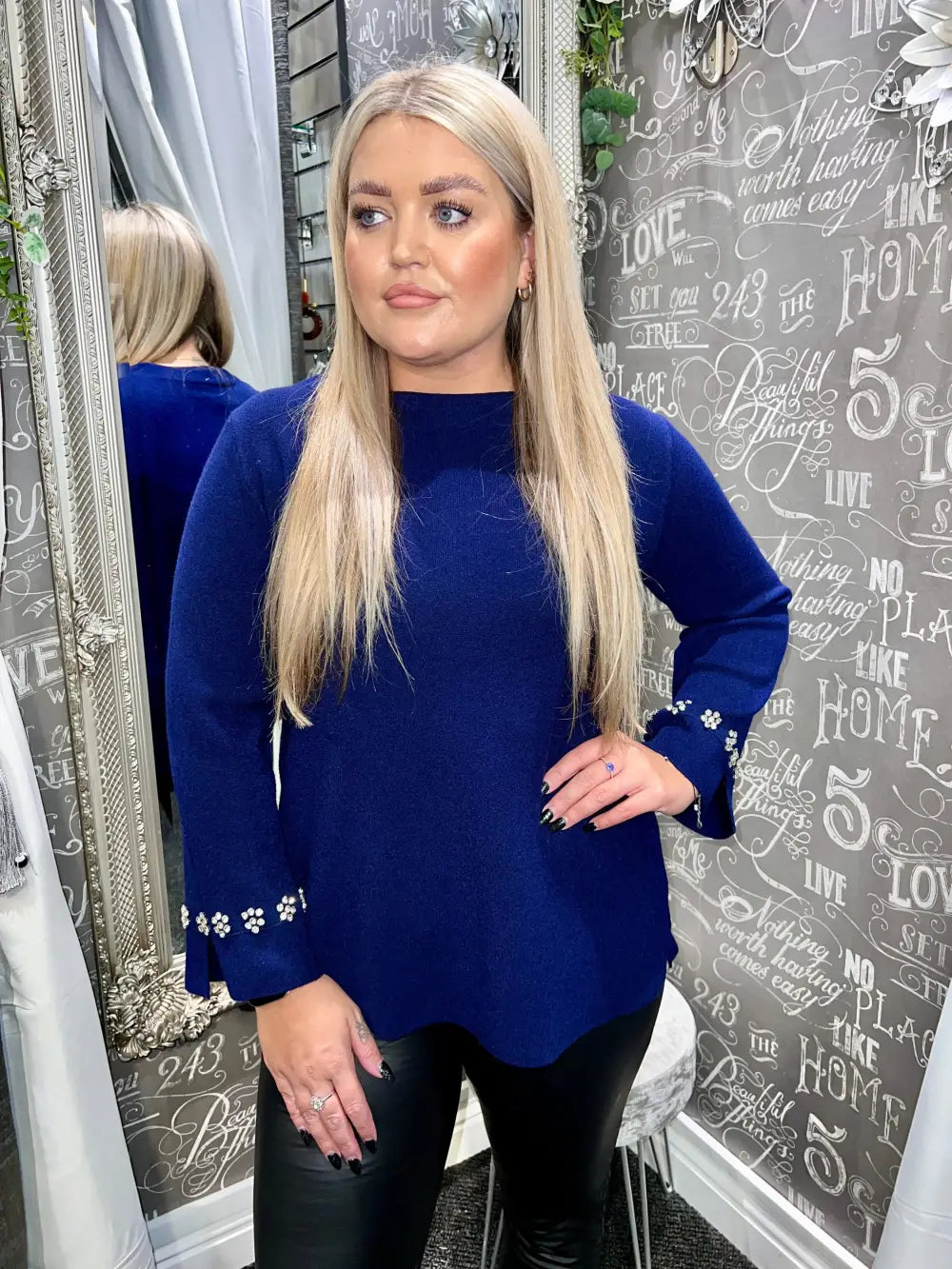 Flora Diamante Flower Sleeve Jumper NAVY