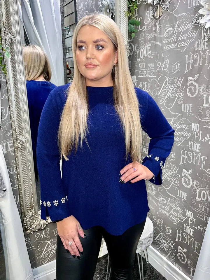 Flora Diamante Flower Sleeve Jumper NAVY