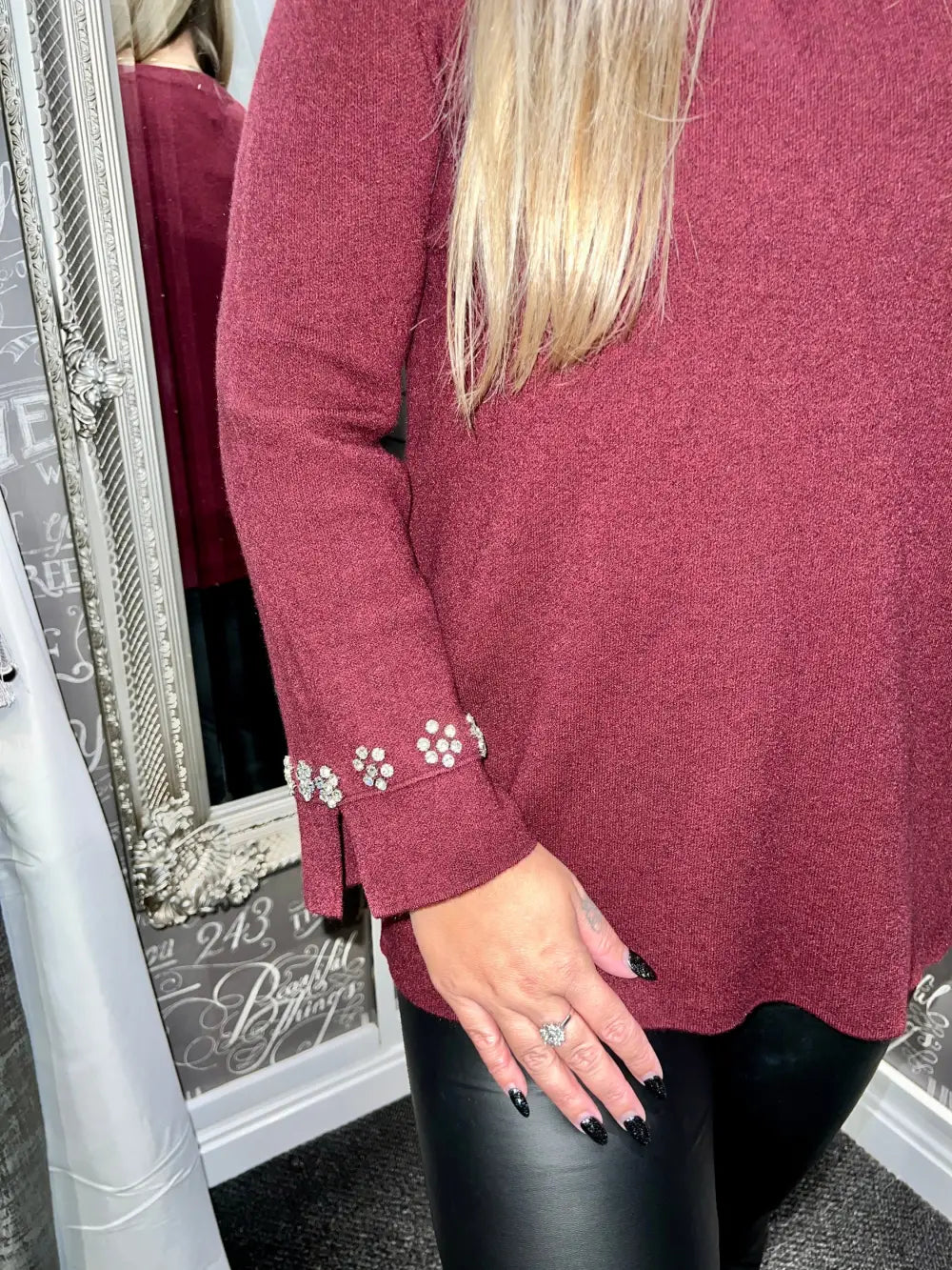 Flora Diamante Flower Sleeve Jumper WINE