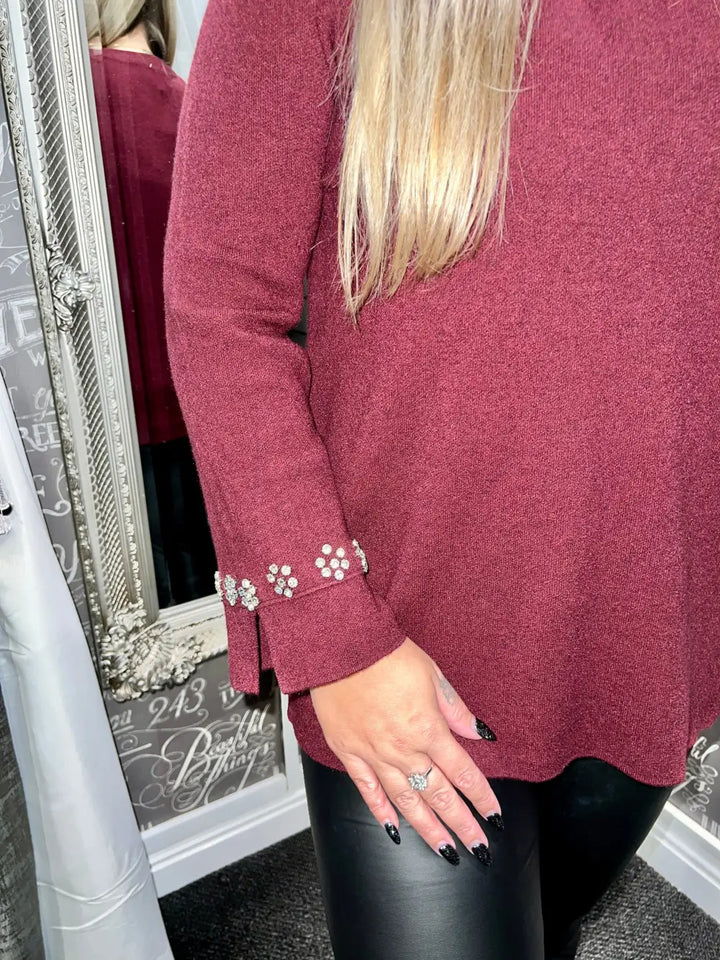 Flora Diamante Flower Sleeve Jumper WINE