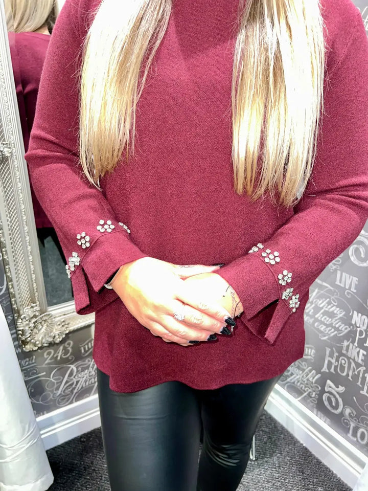 Flora Diamante Flower Sleeve Jumper WINE