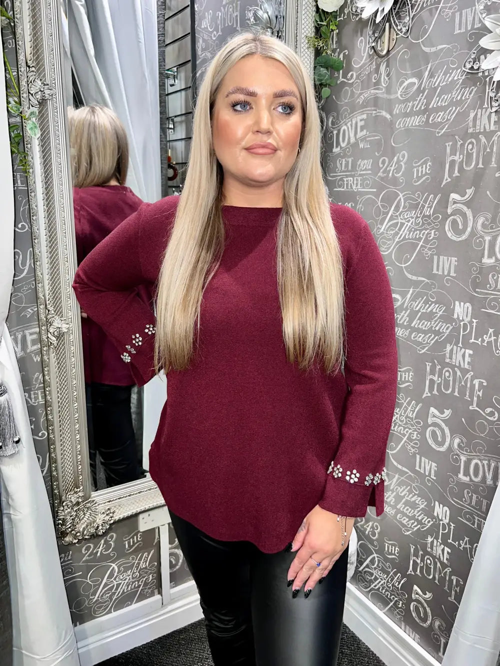 Flora Diamante Flower Sleeve Jumper WINE