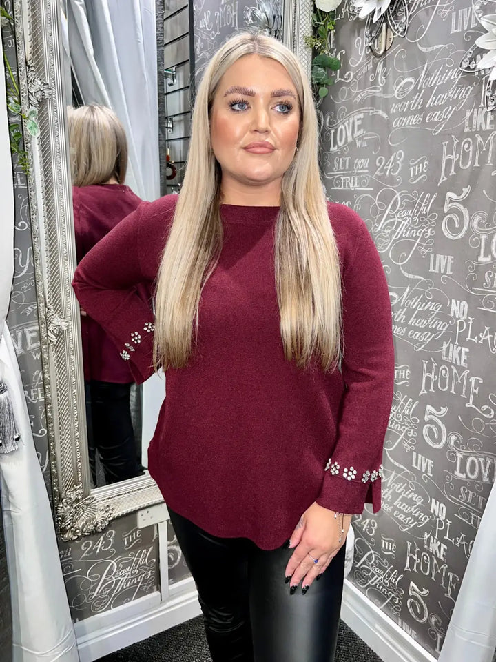 Flora Diamante Flower Sleeve Jumper WINE
