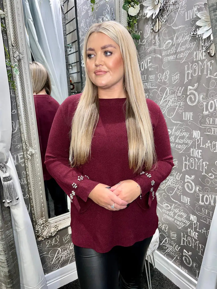 Flora Diamante Flower Sleeve Jumper WINE