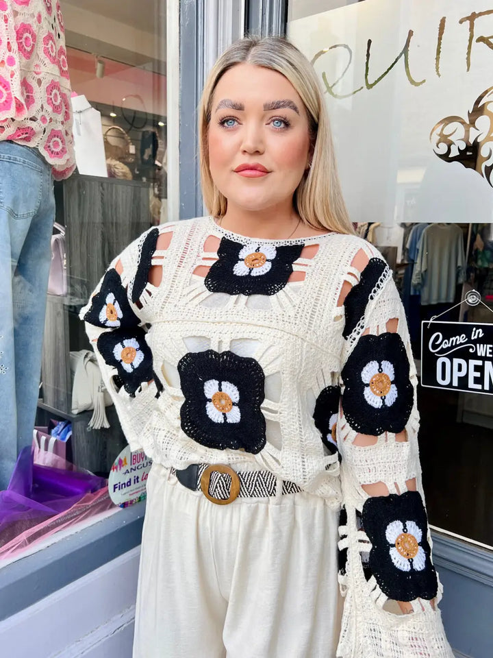 Flower Power Crochet Top BLACK - Knitwear
