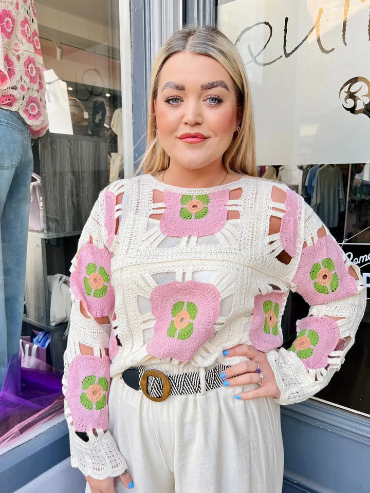 Flower Power Crochet Top DUSKY PINK - Knitwear