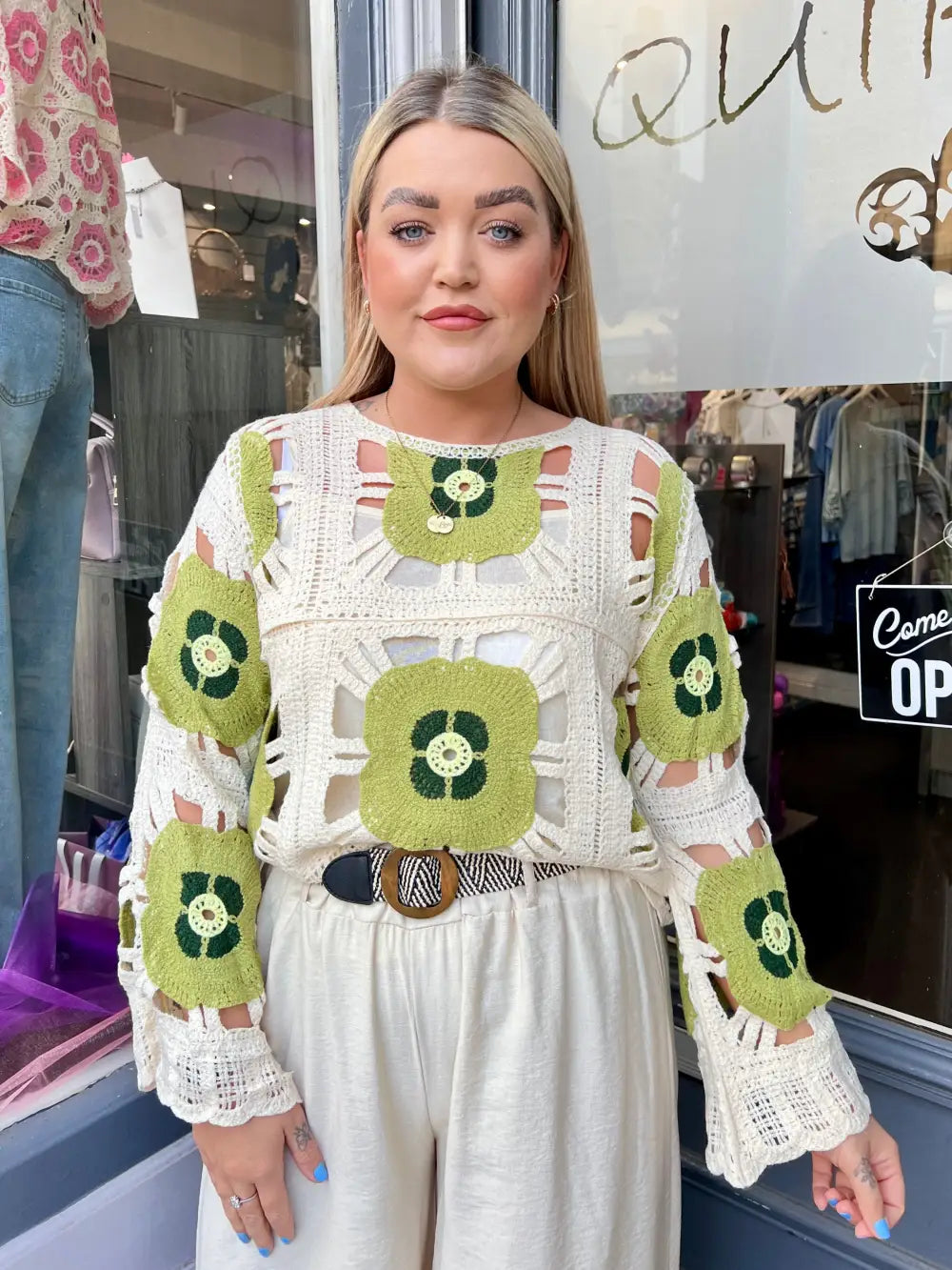 Flower Power Crochet Top GREEN - Knitwear
