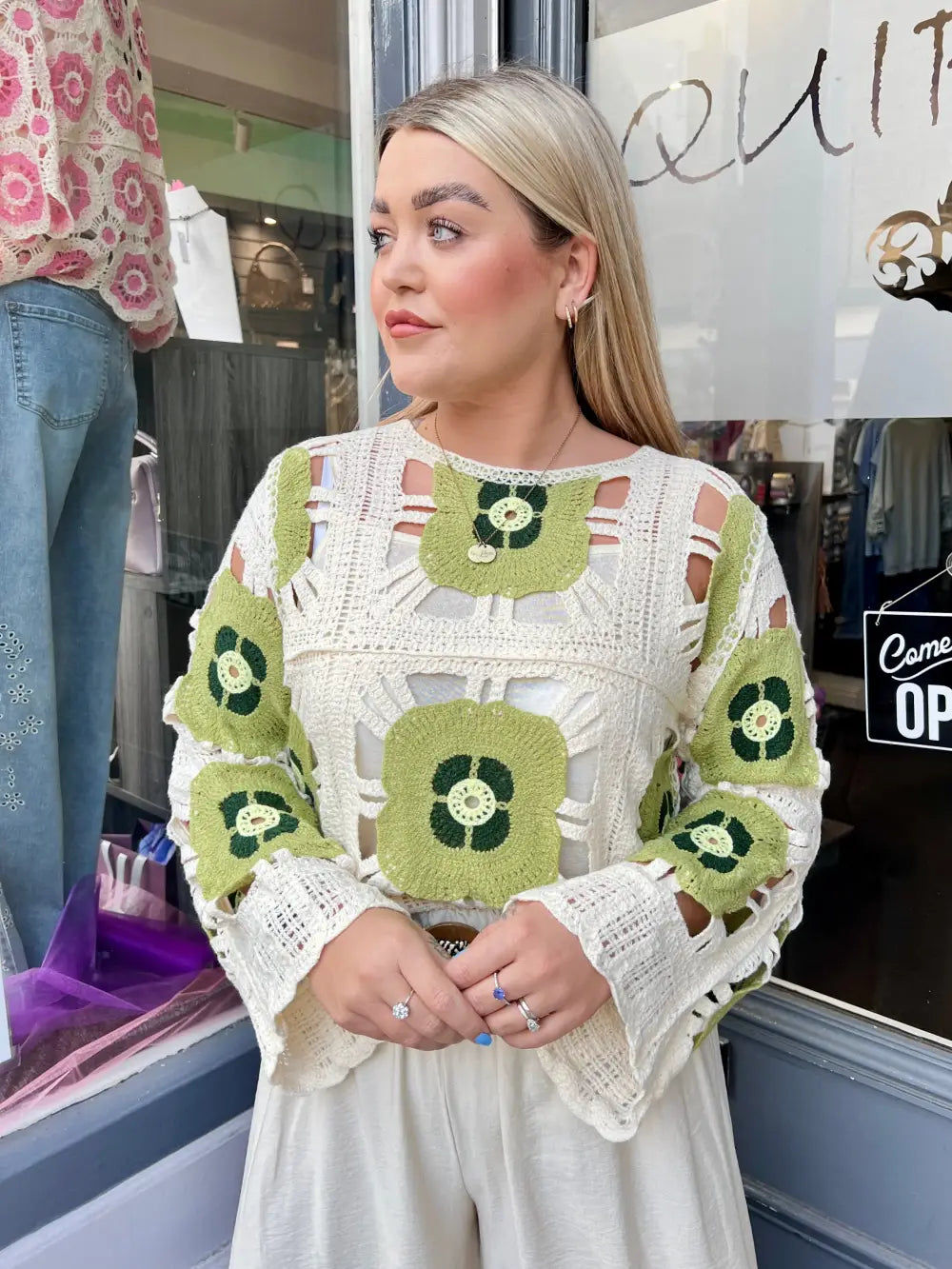 Flower Power Crochet Top GREEN - Knitwear