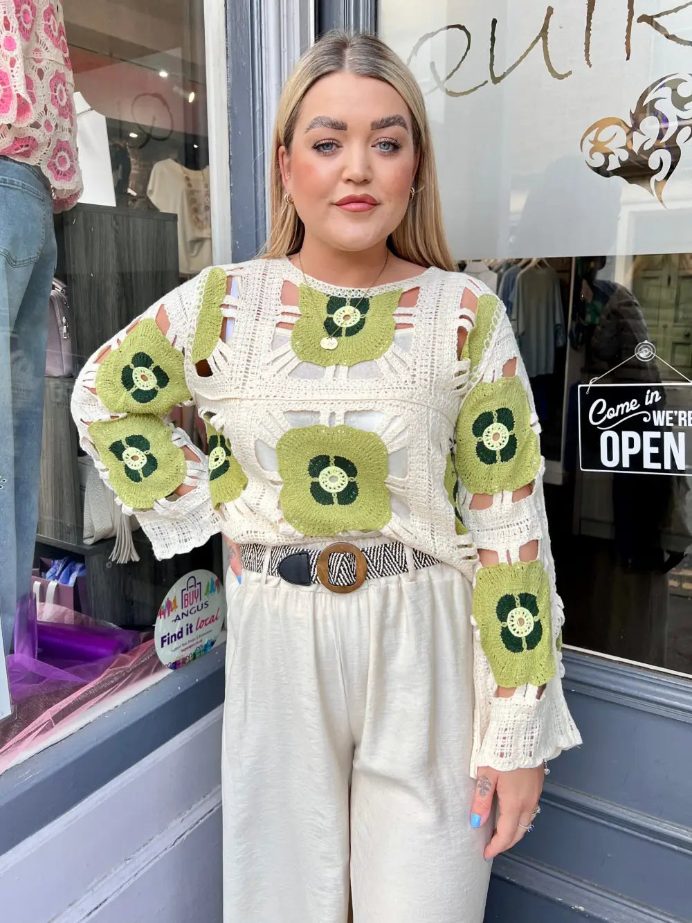 Flower Power Crochet Top GREEN - Knitwear