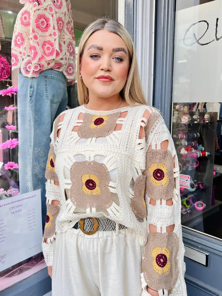 Flower Power Crochet Top MOCHA - Knitwear