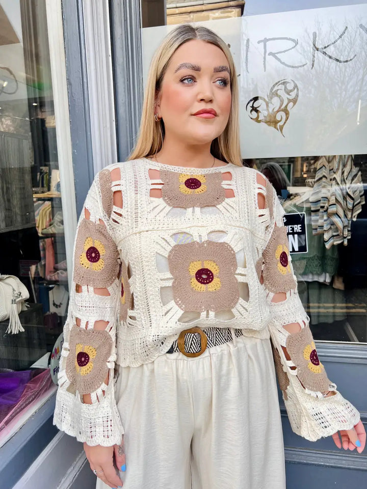 Flower Power Crochet Top MOCHA - Knitwear