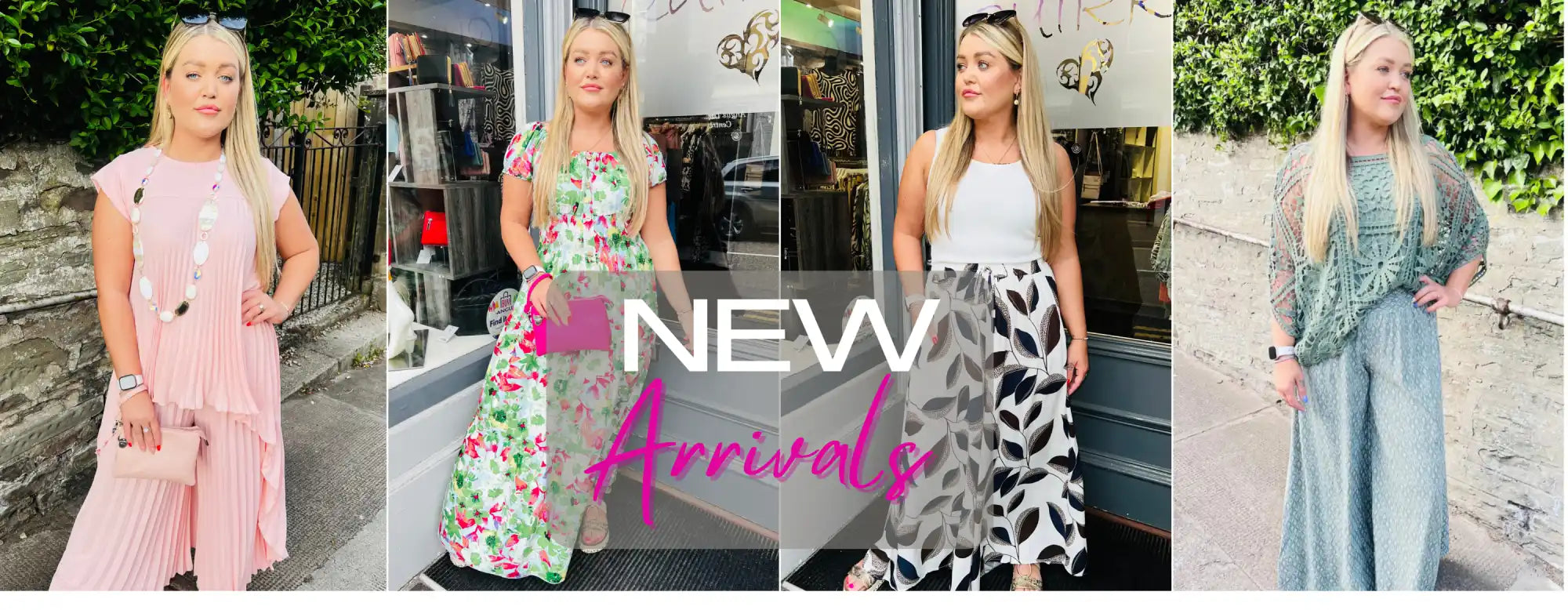 Four different outfits modeled by a blonde woman.