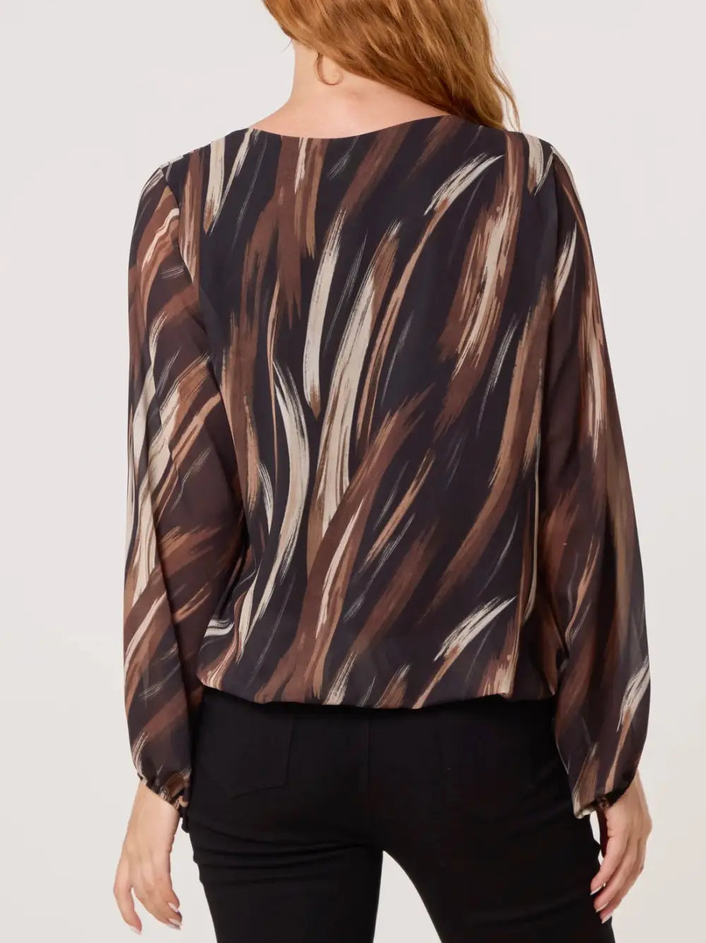 Gabby V Neck Bubblehem Blouse BROWN/BLACK