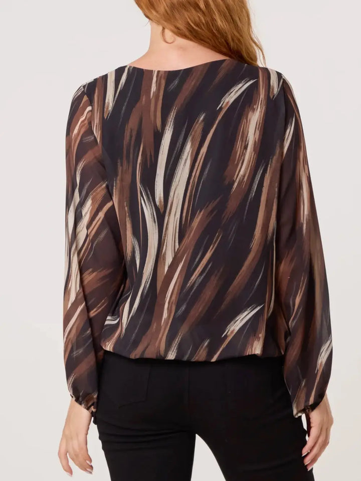 Gabby V Neck Bubblehem Blouse BROWN/BLACK