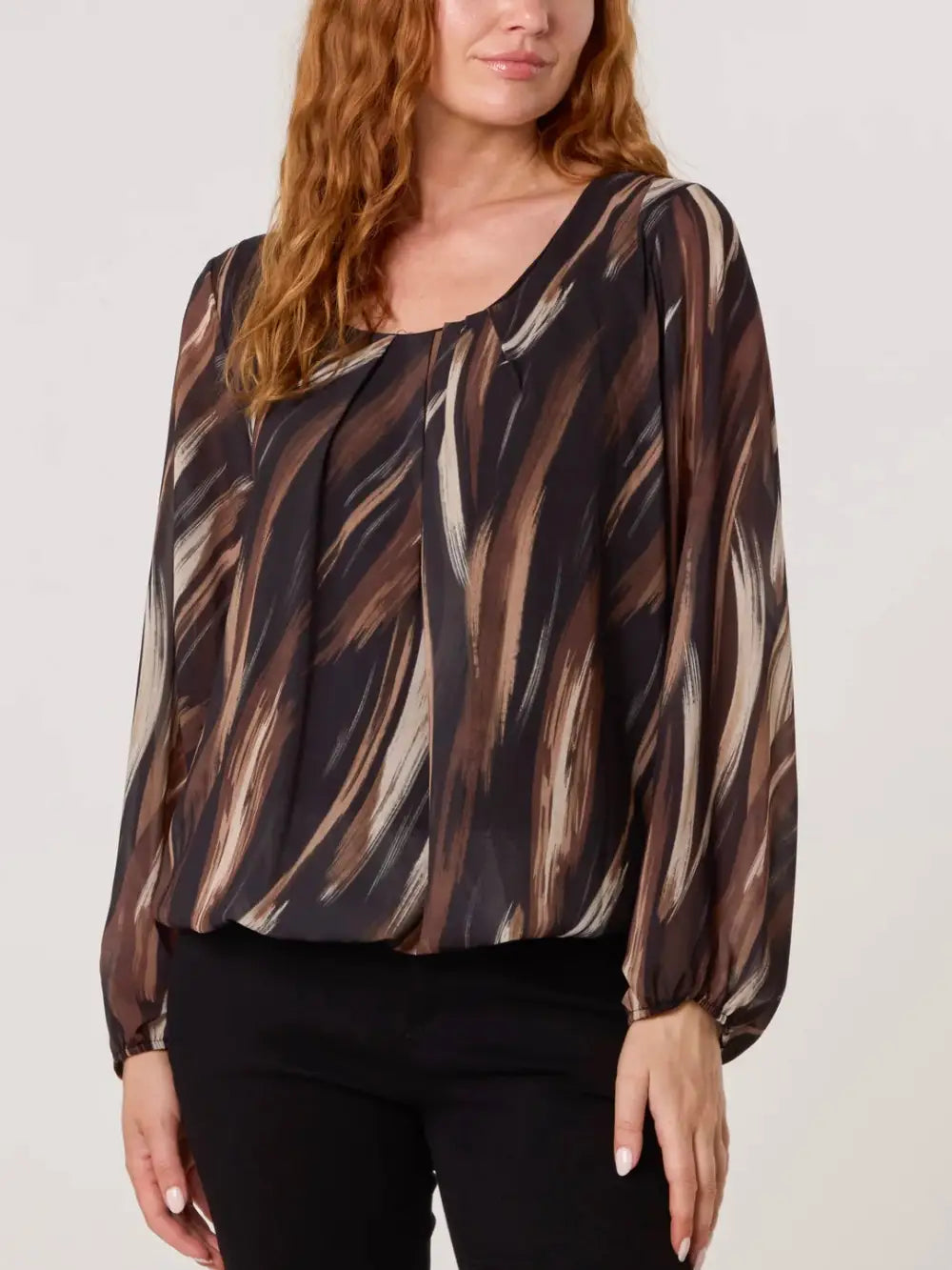 Gabby V Neck Bubblehem Blouse BROWN/BLACK