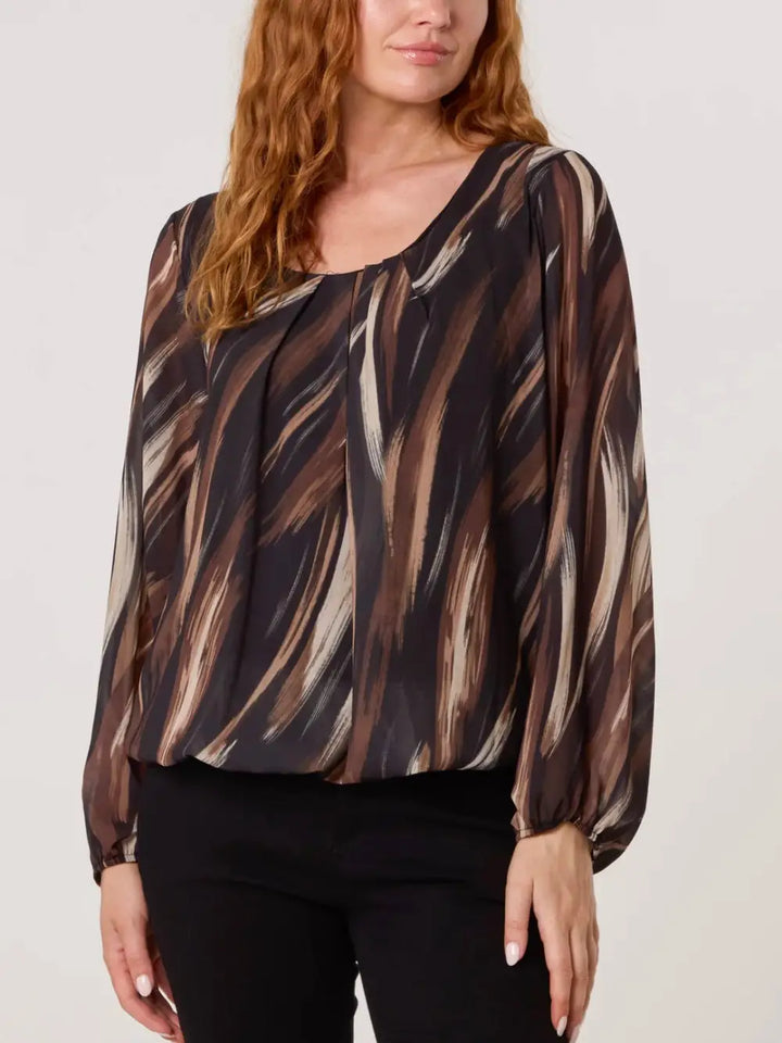 Gabby V Neck Bubblehem Blouse BROWN/BLACK