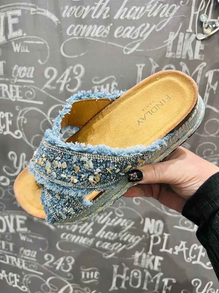 Gloria Embellished Crossover Sandals DENIM