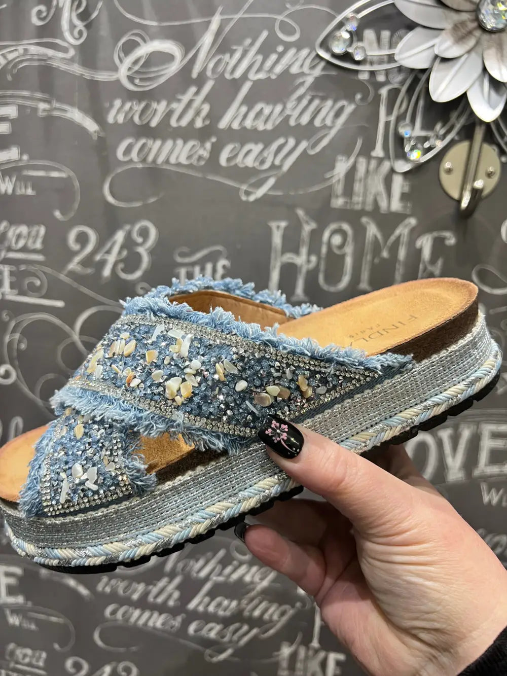 Gloria Embellished Crossover Sandals DENIM