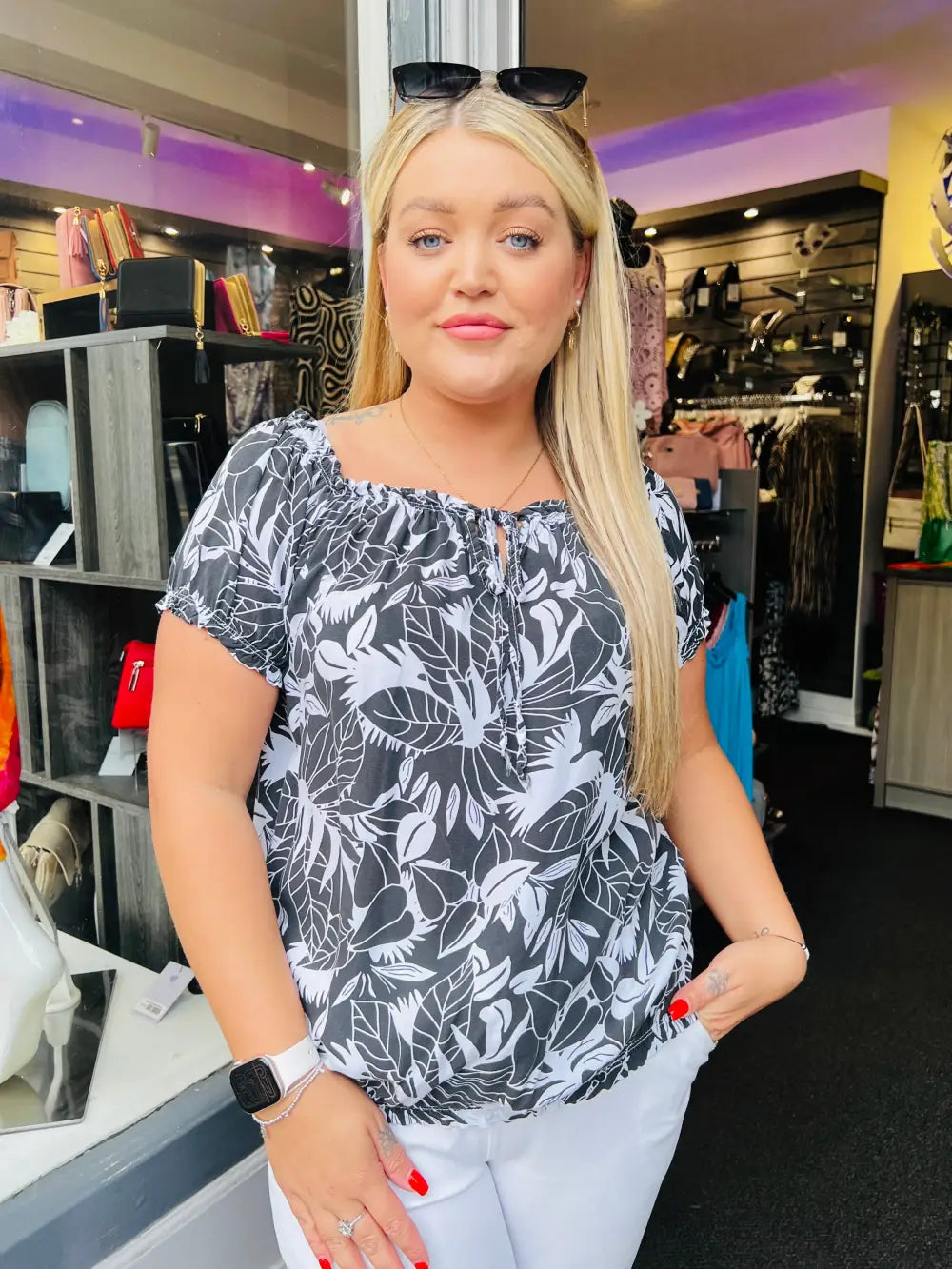 Grace Floral Bardot Top BLACK