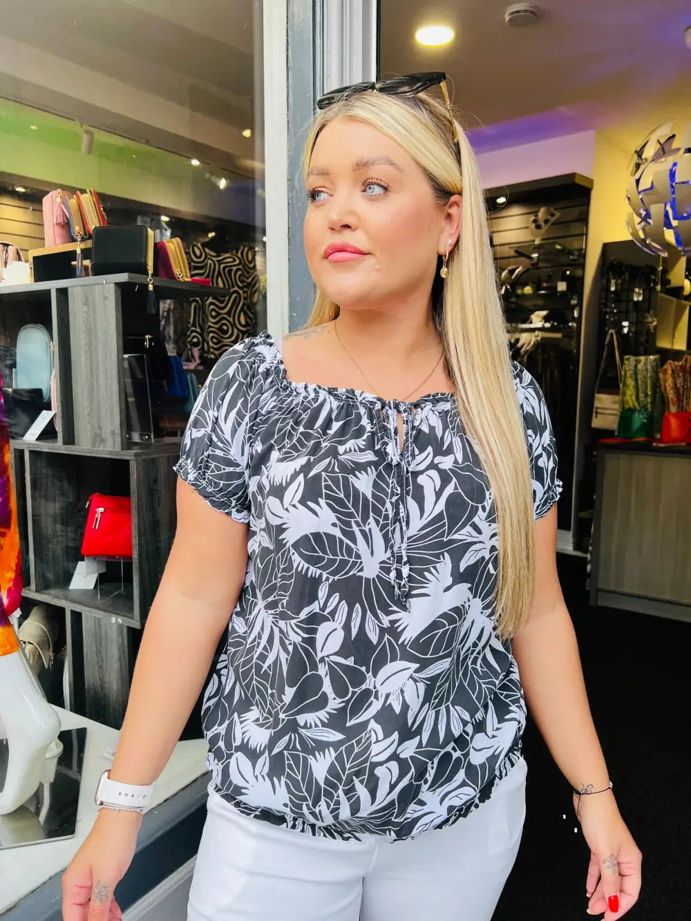Grace Floral Bardot Top BLACK