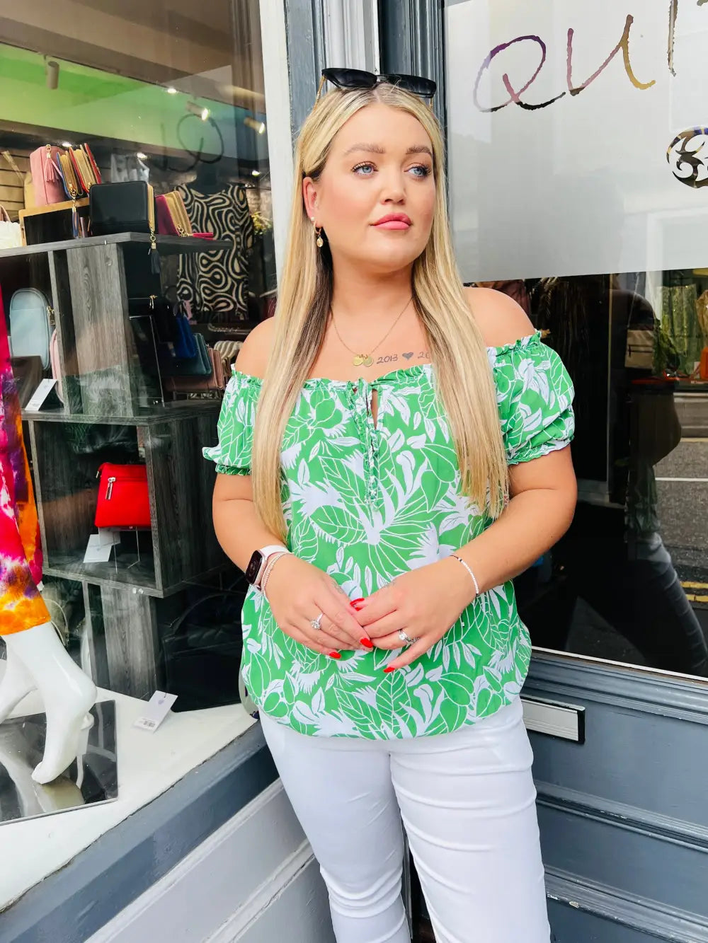 Grace Floral Bardot Top GREEN