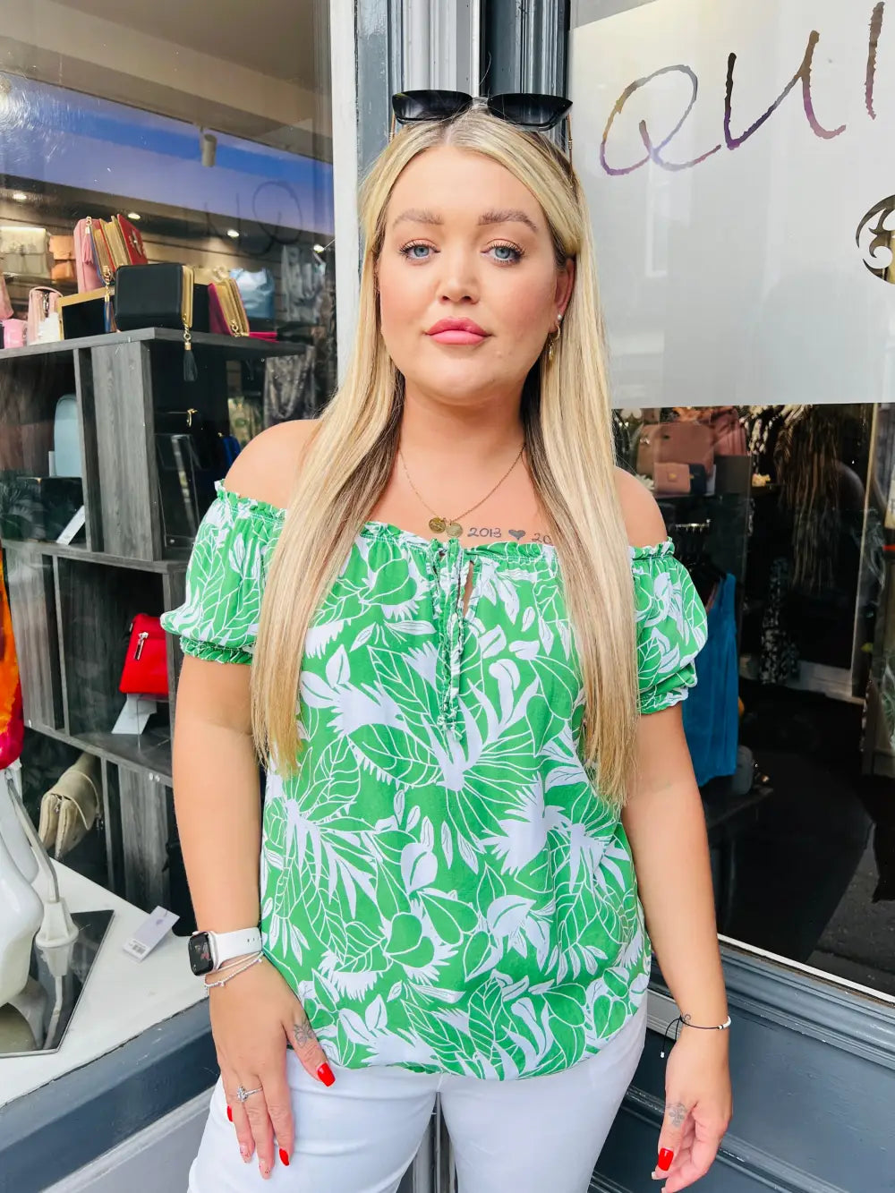 Grace Floral Bardot Top GREEN