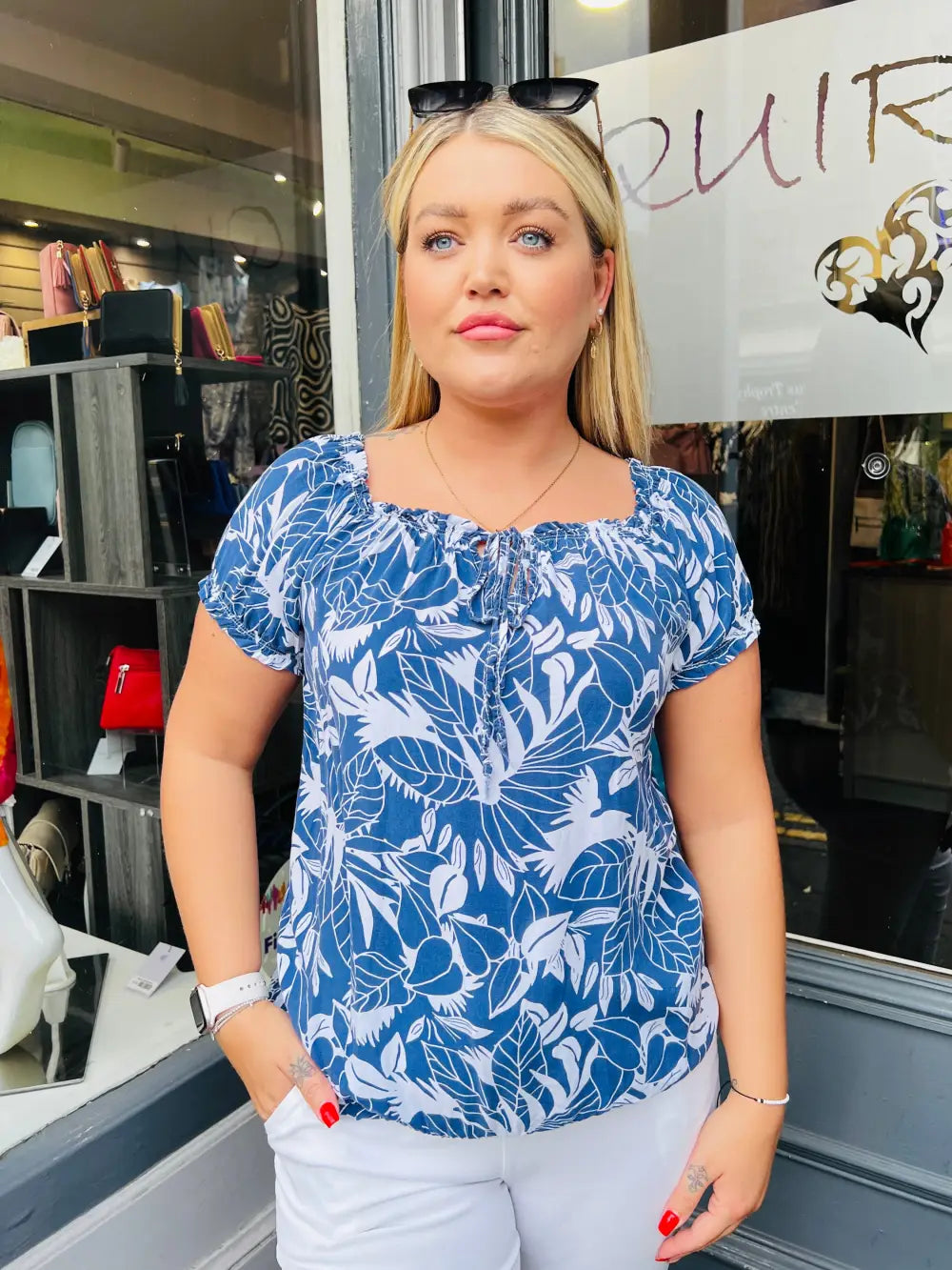 Grace Floral Bardot Top NAVY