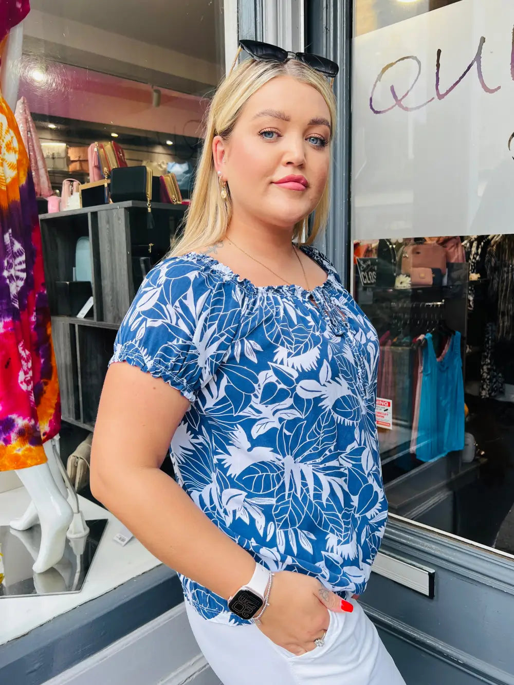 Grace Floral Bardot Top NAVY
