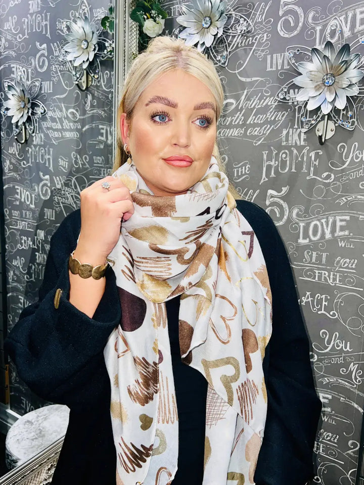 Graffiti Heart Print Scarf CREAM