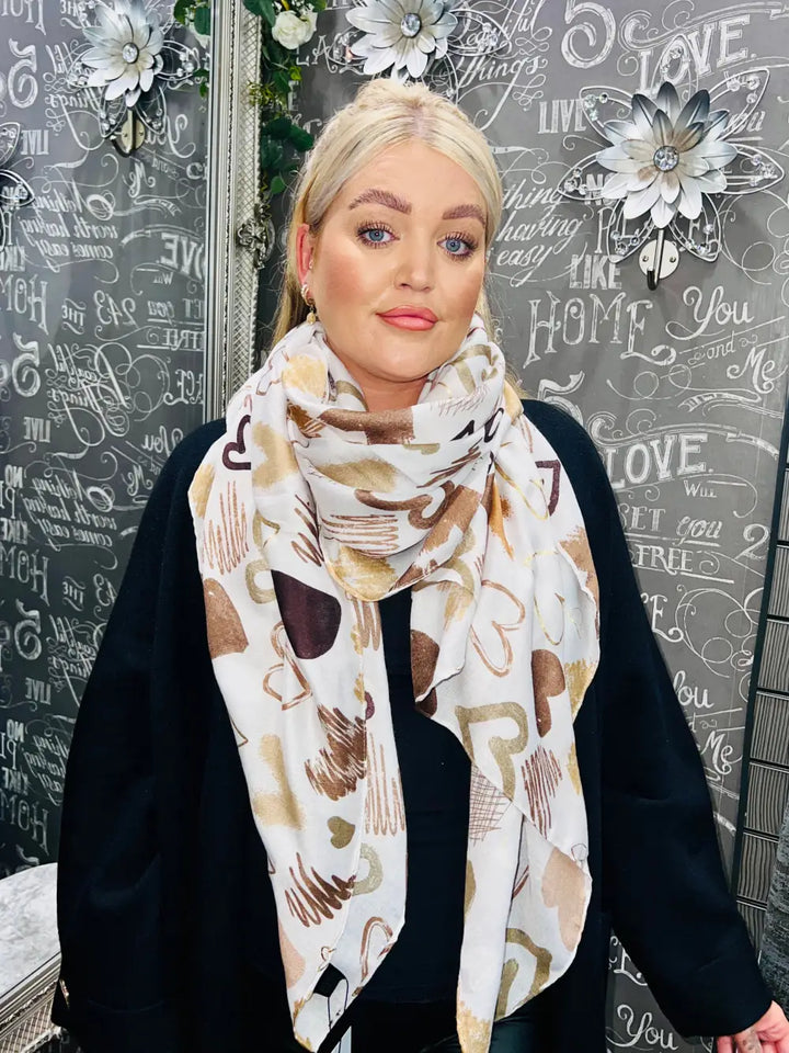 Graffiti Heart Print Scarf CREAM