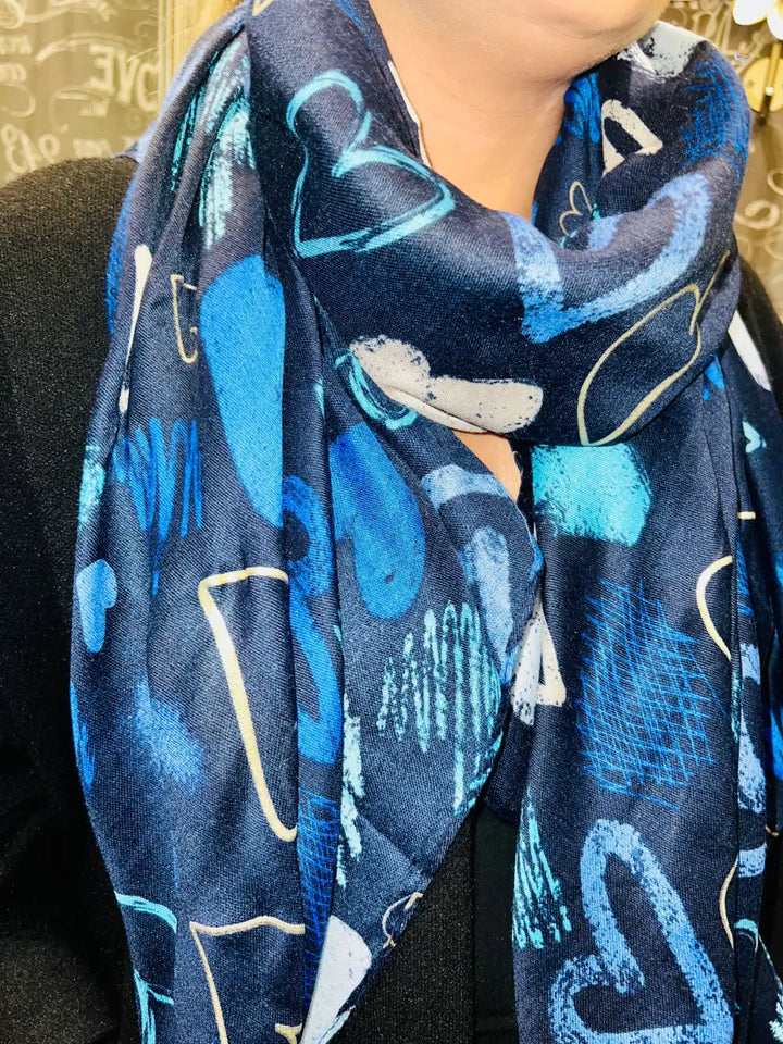 Graffiti Heart Print Scarf NAVY