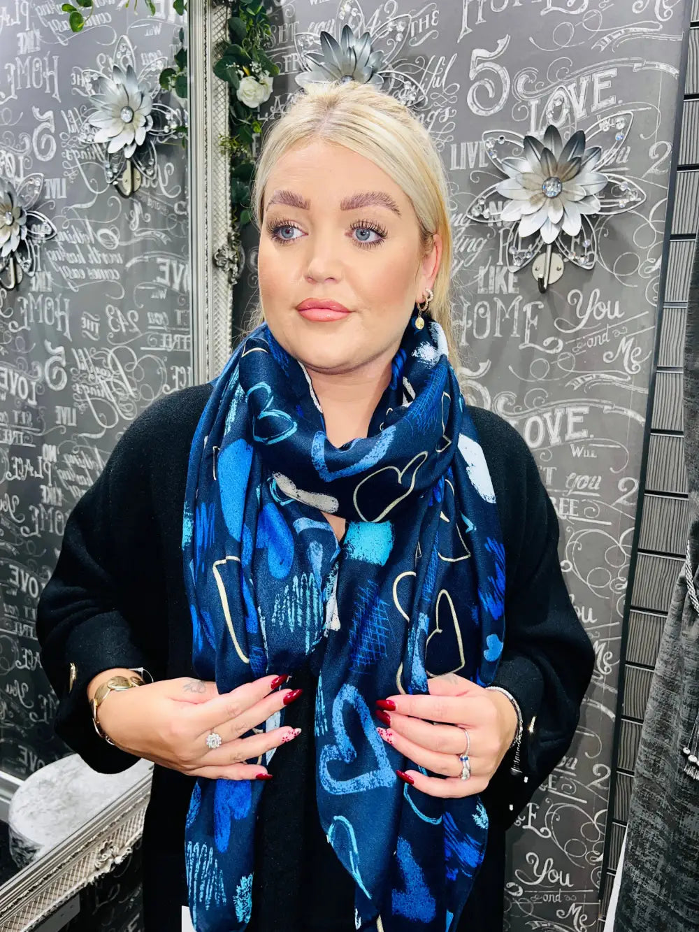 Graffiti Heart Print Scarf NAVY
