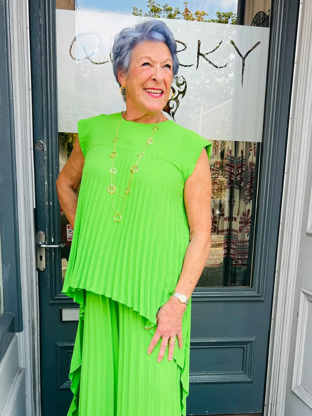 Hallie Hi-Low Pleated Top APPLE GREEN