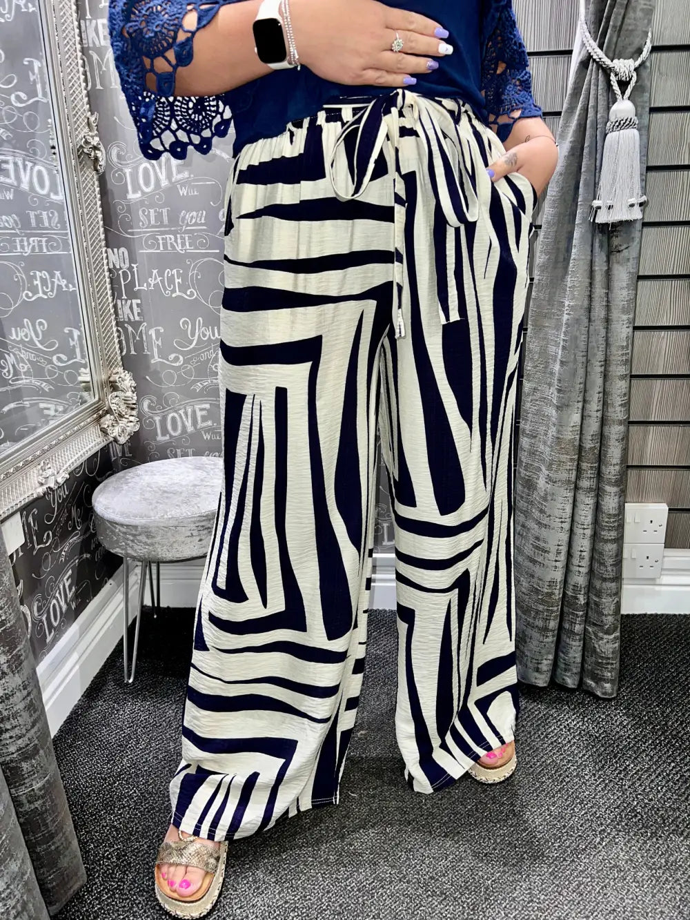 Harley Wide Leg Geometric Print Trousers NAVY